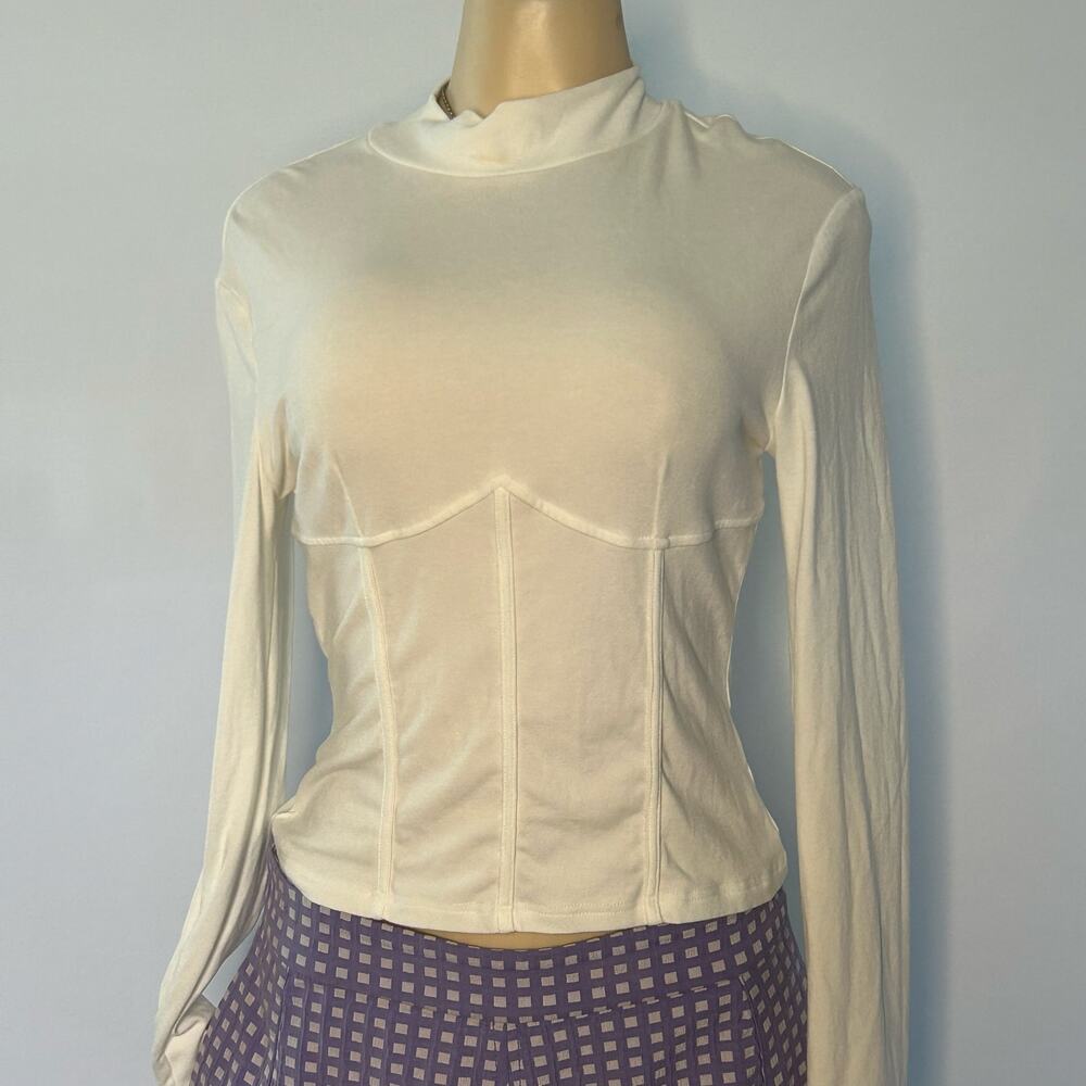 COMMENSE Ivory Mock Neck Corset Seam Long Sleeve Stretch Top Women’s